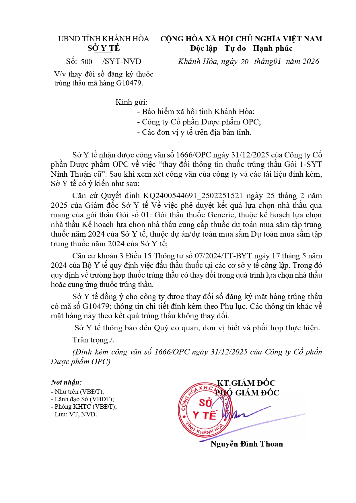 V/v thay đổi số đăng ký thuốc trúng thầu mã hàng G10479.